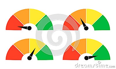 Set of color vector tachometers, flowmeter with indicator in green, orange and red part, speedometer and performance Vector Illustration