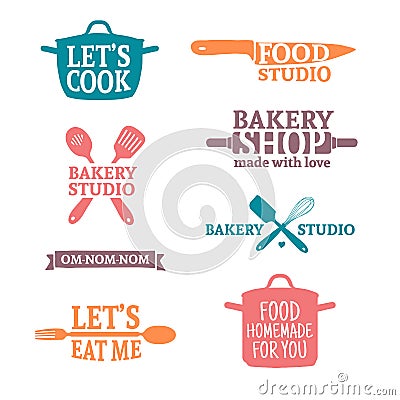 Set of color vintage retro handmade badges, labels and logo elements, retro symbols for bakery shop, cooking club, food Vector Illustration