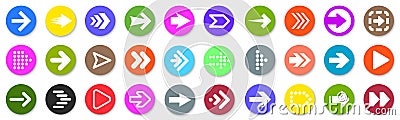 Set colored arrow button icons. Collection different arrows sign. Set different cursor arrow direction symbols in circle flat Vector Illustration
