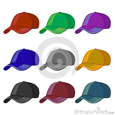 Set of Colored Baseball Caps Isolated on White Background Vector Illustration