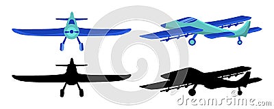 Set colored and black silhouette Airplane in doodle style isolated on white background. Set of agricultural aircraft vector Stock Photo