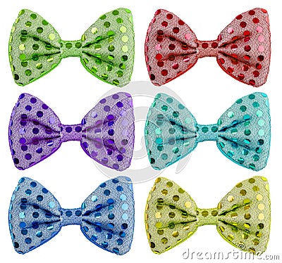 set of colored bows with large round polka dot sequins isolated on white background Stock Photo