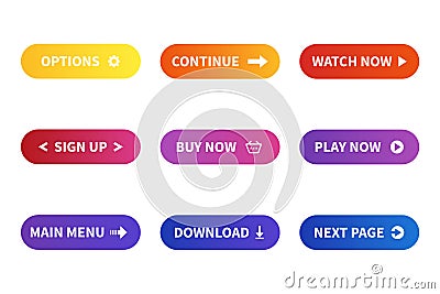 Set of colored buttons for website. Different gradient colors and icons. Vector Vector Illustration