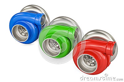 Set of colored car turbocharger, 3D rendering Stock Photo