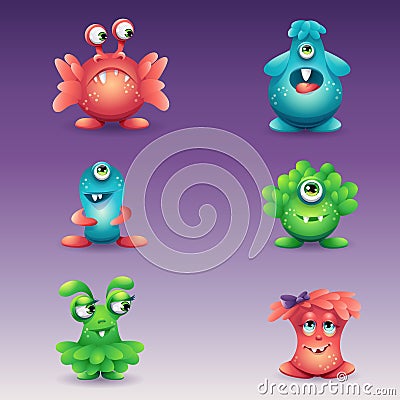 Set of colored cartoon monsters, different emotions Vector Illustration