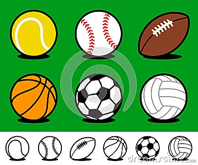 Set of colored cartoon sports ball icons Vector Illustration