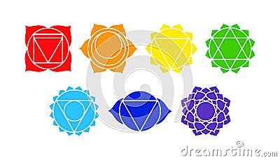 Set of colored Chakra meaning seven meditation wheel used in variety of ancient spiritual practices. Chakras Hinduism Vector Illustration