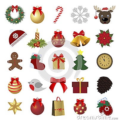 Set of colored Christmas icons. Collection of holiday labels Vector Illustration