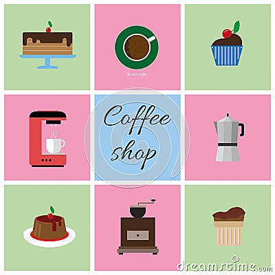 A set of colored coffee items Vector Illustration