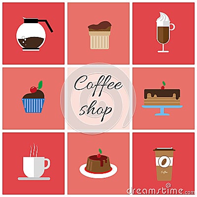 A set of colored coffee items Vector Illustration