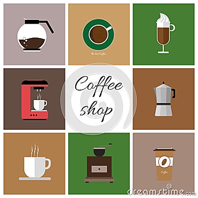 A set of colored coffee items Vector Illustration