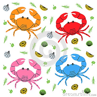 Set of colored crab with big claws. Seafood with lemon slices, garlic and rosemary. Crab dish with herbs hand drawn Vector Illustration
