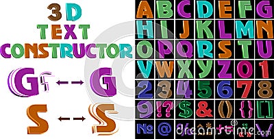 A set of colored 3d letters and signs. Vector Illustration