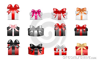 Set of colored different gift cardboard boxes with bows and ribbons. For valentine's day, birthday, march 8 Vector Illustration