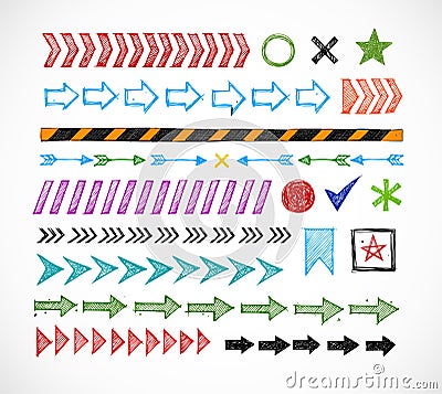 Set of colored doodle arrow dividers, pointers, danger tape and design elements Vector Illustration