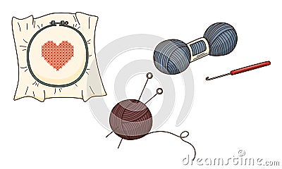 A set of colored doodles. Needlework, embroidery with a heart, yarn, skein of thread, hook, knitting needles. Decorative Vector Illustration