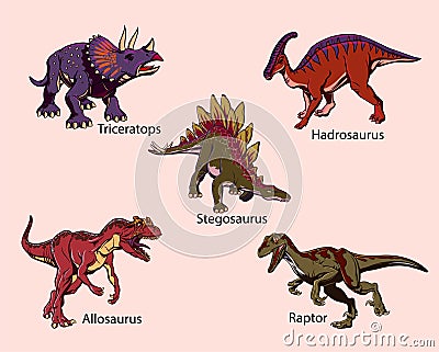 Set of colored drawn dinosaurs in pop art style for printing. Vector illustration Vector Illustration