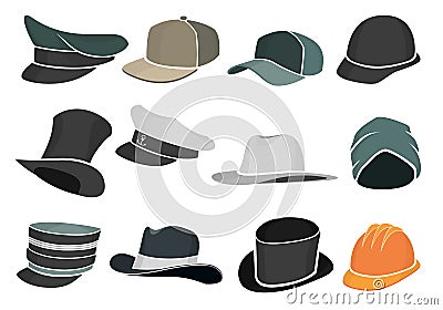 Set colored flat hats military and civilian Stock Photo