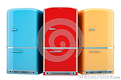 Set of colored fridges, retro design. 3D rendering Stock Photo