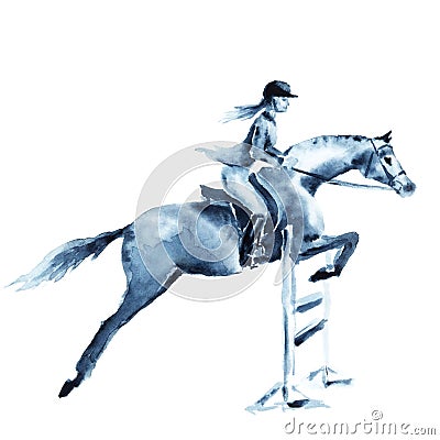 Watercolor rider girl and horse, jumping a hurdle on white. Stock Photo