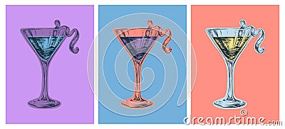 Set Colored Hand Drawn Sketch Cosmopolitan Cocktail Drinks Vector Illustration. Pop Art Style Vector Illustration