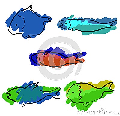 Set of colored handdrawn fishes Vector Illustration