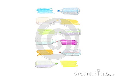 A set of colored highlighters on white background Cartoon Illustration