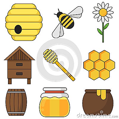 Set of colored honey icons on an isolated white background in a flat design. Such as a beehive, an apiary, a honey Vector Illustration