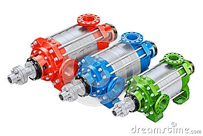 Set of colored horizontal multistage centrifugal pump, 3D render Stock Photo