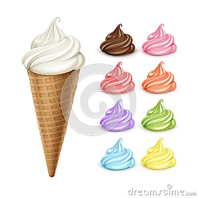 Set of Colored Ice Cream Waffle Cone on Background Vector Illustration