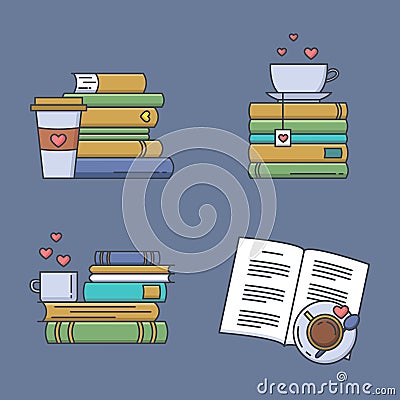 Set of colored icons for book fans. Vector Illustration