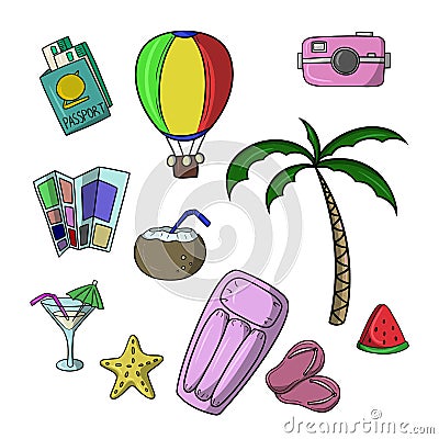 A set of colored icons, leisure equipment, tourist vacation on the beach, vector cartoon Vector Illustration
