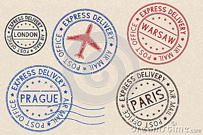 Set of colored ink postmarks with european cities. On beige background Vector Illustration