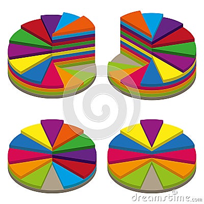 Set of colored isometric pie charts. Templates sectoral graphs in 3D style. Colorful volume elements for infographics Vector Illustration