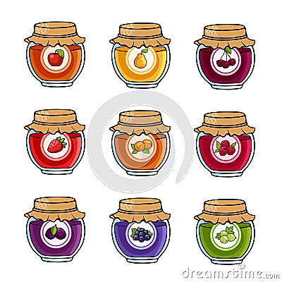 Set of colored jars with delicious homemade jam Vector Illustration