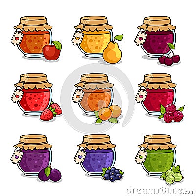 Set of colored jars with delicious homemade jam. Vector Illustration