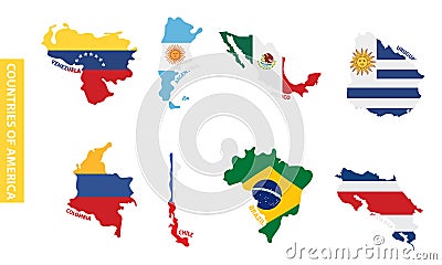 Set of colored latin american country maps with its flags Vector Vector Illustration