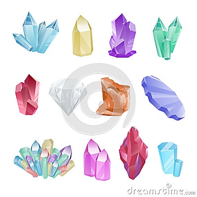 Set colored minerals, crystals, gems, diamond Vector Illustration