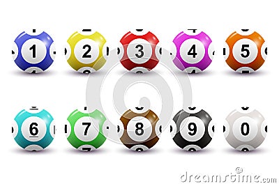 Vector set of colored numbered lottery balls for bingo game. Lotto keno concept. Bingo balls with numbers. Isolated on Vector Illustration