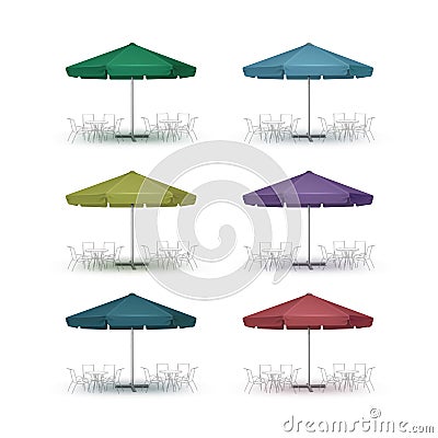 Set of Colored Outdoor Beach Cafe Round Umbrella Vector Illustration