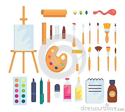 Set of colored painting tools vector icons in cartoon style. Supplies, art brushes and easel. Artist or school Vector Illustration