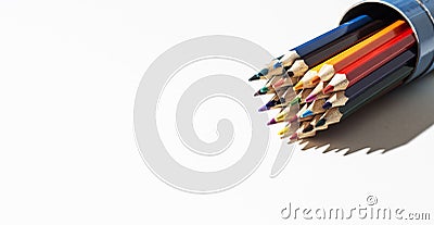 A set of colored pencils for drawing on a white background. Marketing in business sales. Banner with copy space Stock Photo