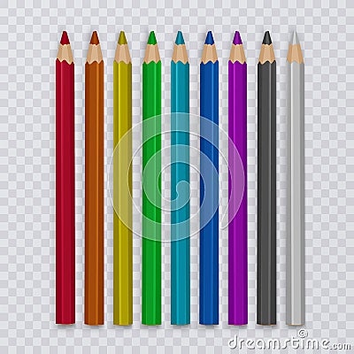 Set of colored pencils to draw on transparent background, tools for creativity and schools, vector illustration Vector Illustration