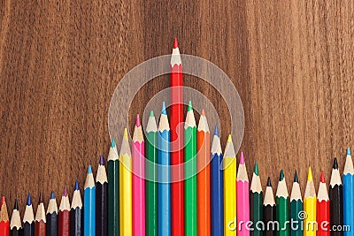 Set of colored pencils, wooden background Stock Photo