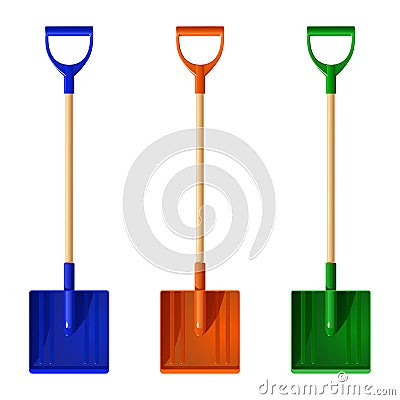 Set of colored plastic shovels snow shovel with wooden handles, vector illustration Vector Illustration
