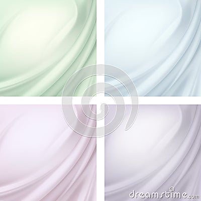 Set of Colored Red Green Blue Purple Pink Satin Silky Textile Drape with Crease Wavy Folds. Abstract Background Vector Illustration