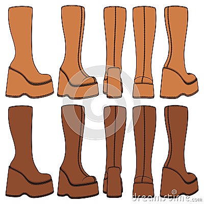 Set of colored retro platform boots. Isolated vector objects. Vector Illustration