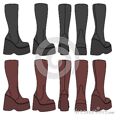 Set of colored retro platform boots. Isolated vector objects. Vector Illustration