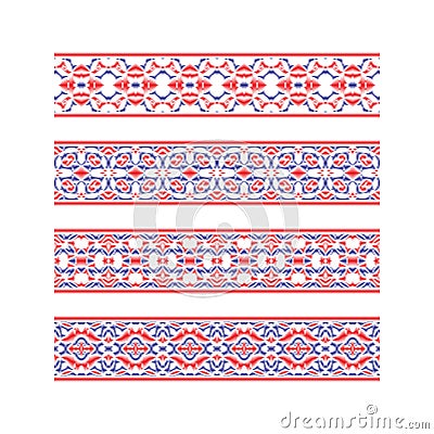 Set of colored ribbon patterns. Blue red traditional ornaments for embroidery or frame design Vector Illustration