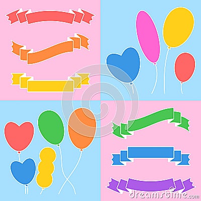 A set of colored ribbons of banners and balloons. With space for text. Simple flat vector illustration isolated on a pink and blue Vector Illustration